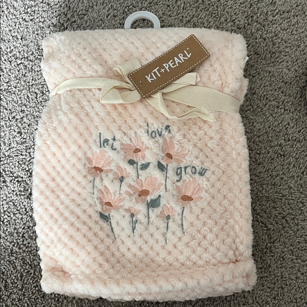 KIT + PEARL Pink Floral Embroidered Plush Baby Blanket